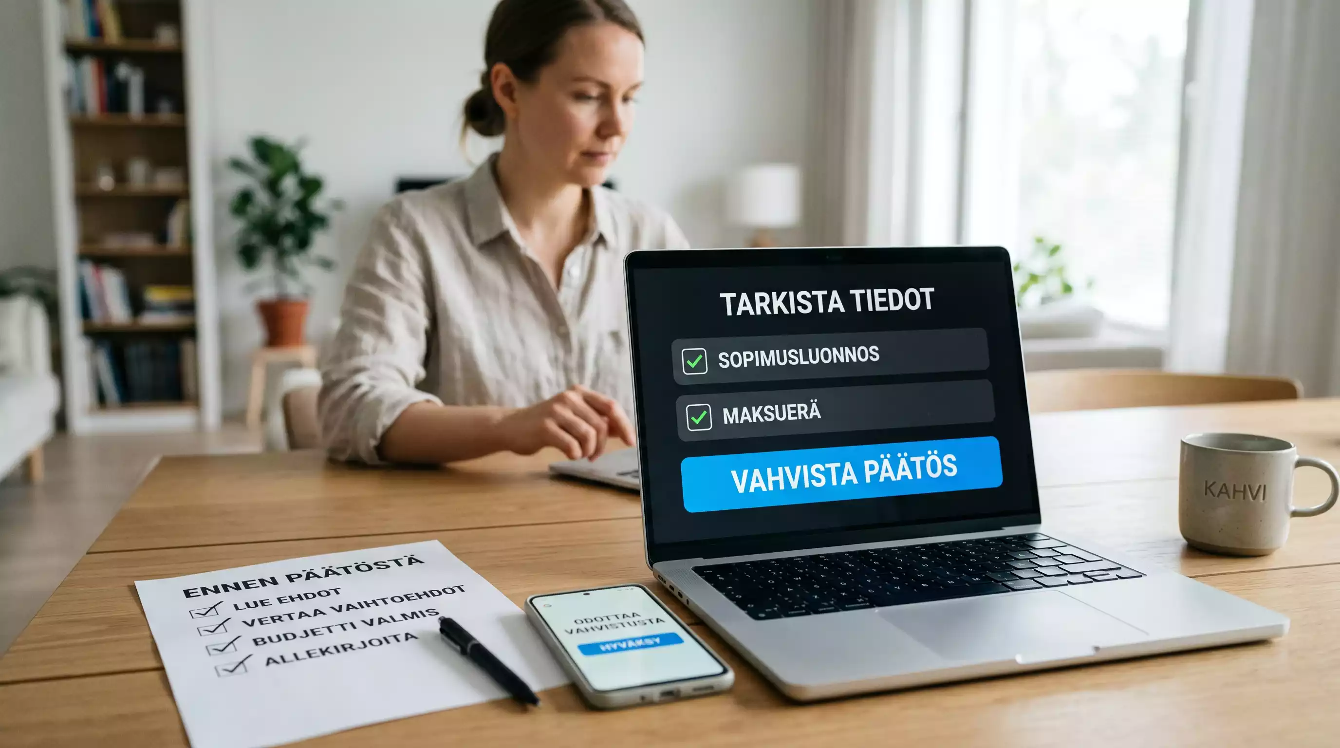 Tarkistuslista, kannettava tietokone ja puhelin rauhallisella pöydällä