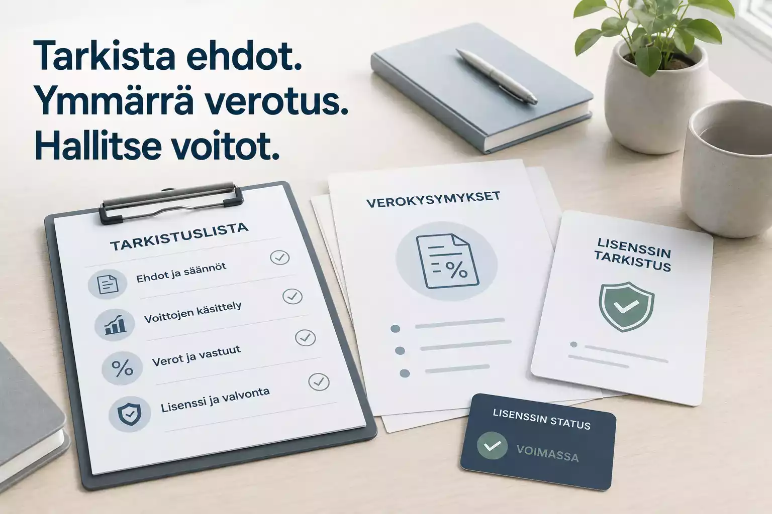 Havainnekuva voittoihin, verotukseen, lisenssiin ja ehtoihin liittyvien väitteiden tarkistamisesta
